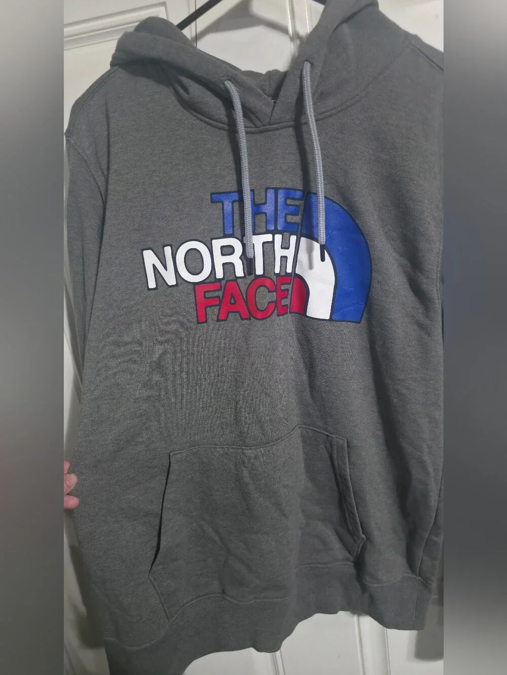 The North Face Men's Grey Hoodie with Red, White & Blue Logo Size L